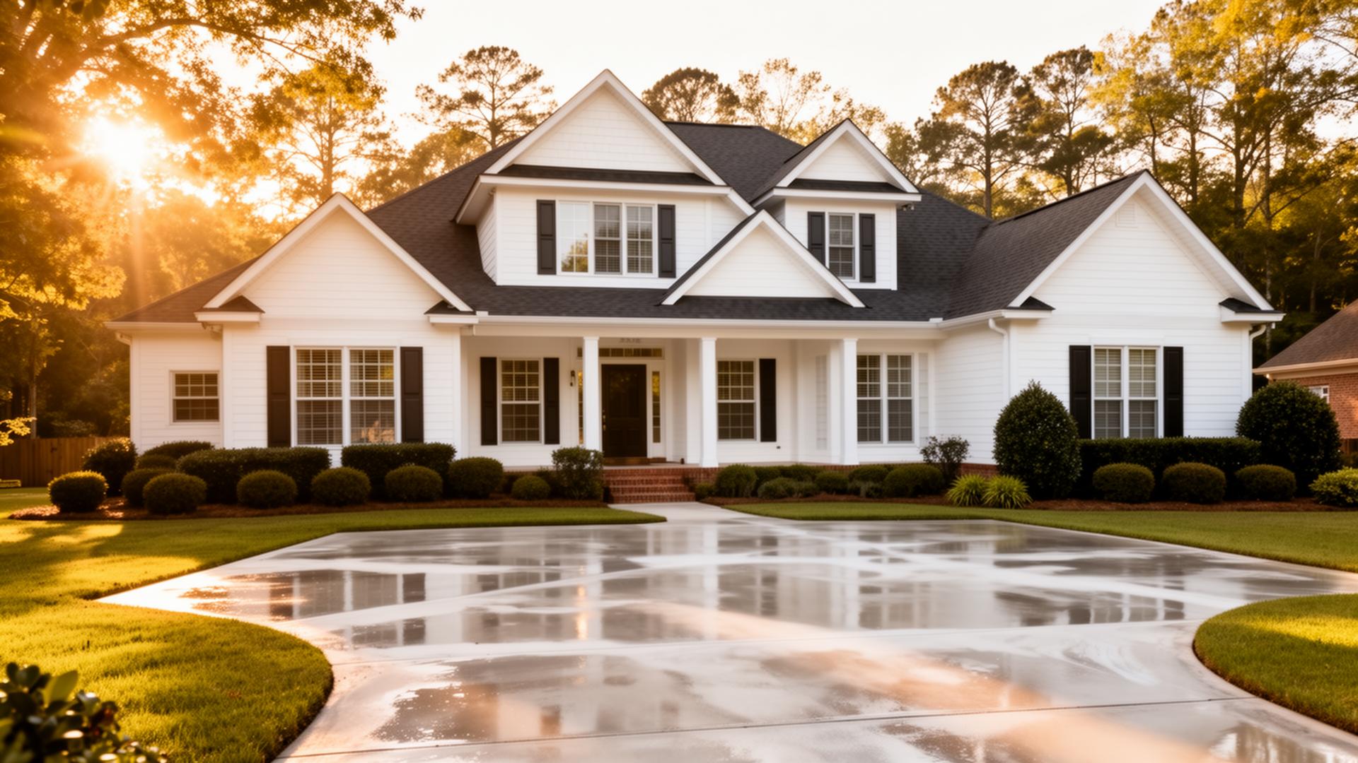 Beautiful clean home exterior with washed driveway at golden hour
